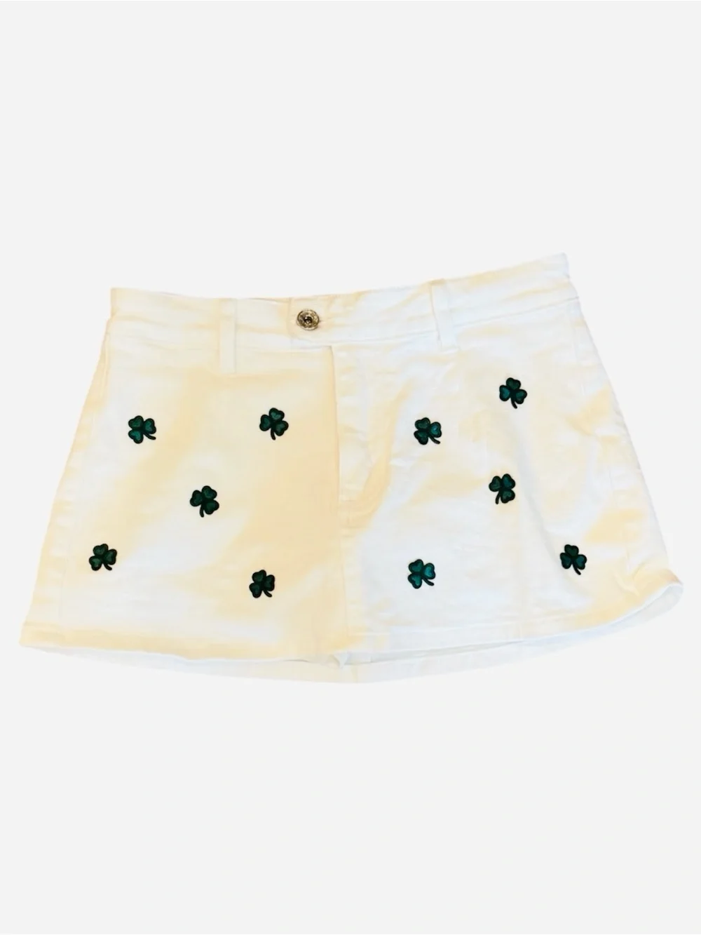 NWOT White Denim Skort Skirt Shamrocks Irish Low Rise S Lucky